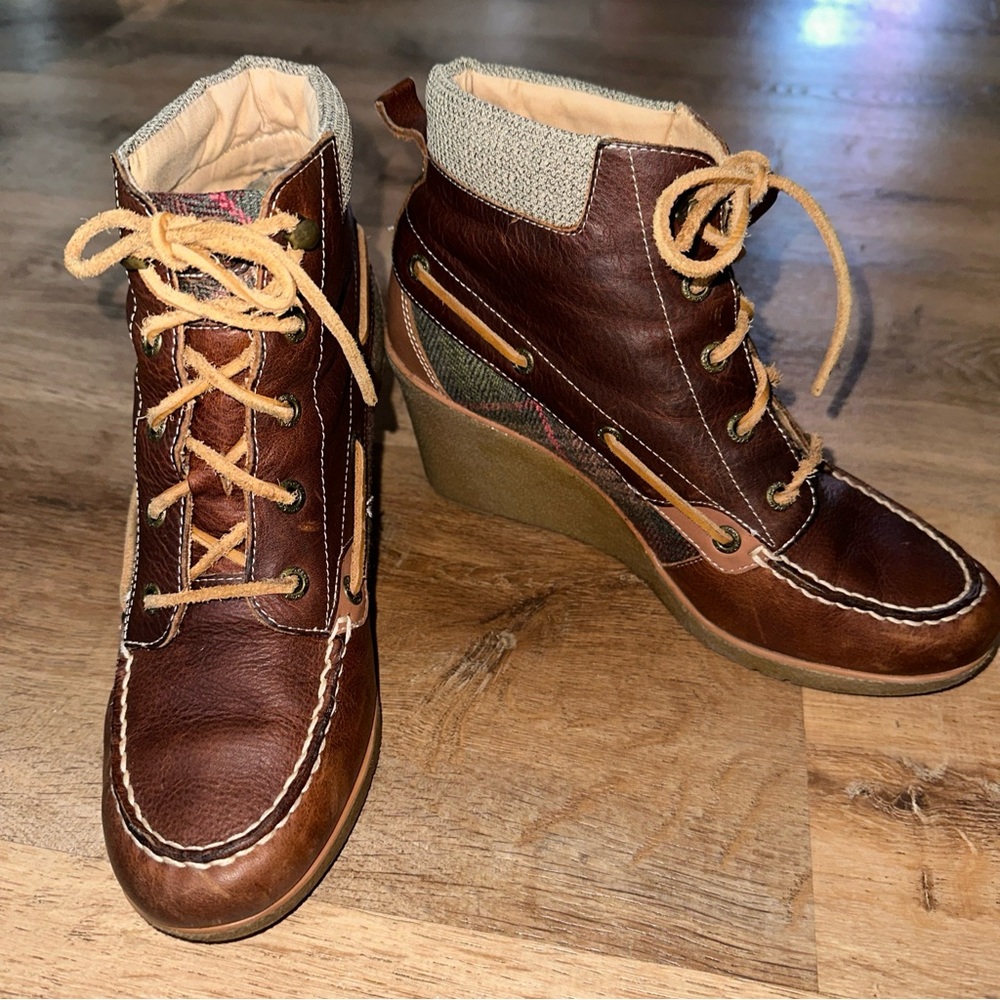 Sperry Top-Sider Womens 9 Leather Plaid Bailey Duck Wedge Boots 9103102 Moc Toe